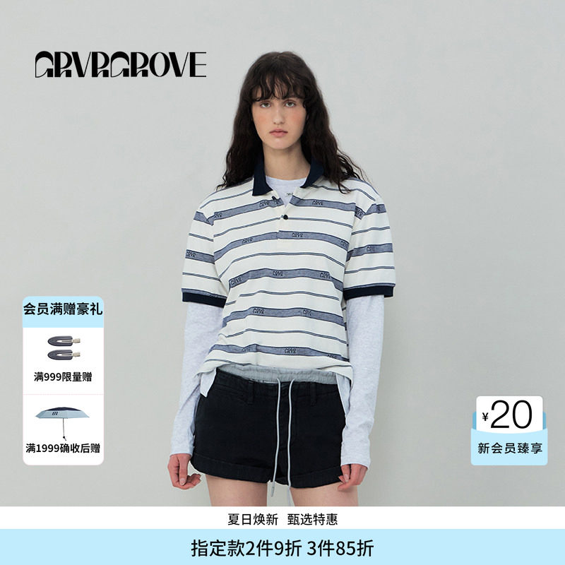 【博主同款】GROVE旗舰店SS春夏款女士条纹短袖polo衫t恤GR5TS03C