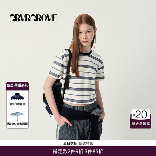 GRVR GROVE官方旗舰店SS春夏款女士条纹GRVR圆领短袖t恤GR5TS04C