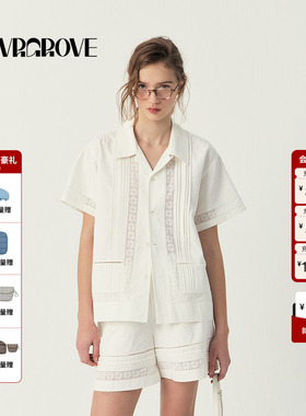 GROVE官方旗舰店2025SS春夏新款女士蕾丝短袖衬衫t恤GS5SH09M