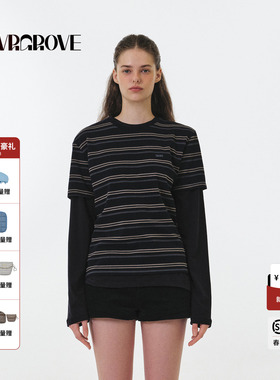 GROVE官方旗舰店 2025FW秋季款圆领短袖T恤条纹撞色女 GF5TS01C