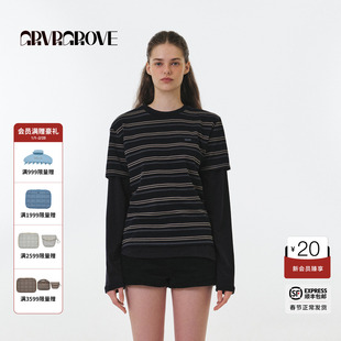 GROVE官方旗舰店 2025FW秋季款圆领短袖T恤条纹撞色女 GF5TS01C