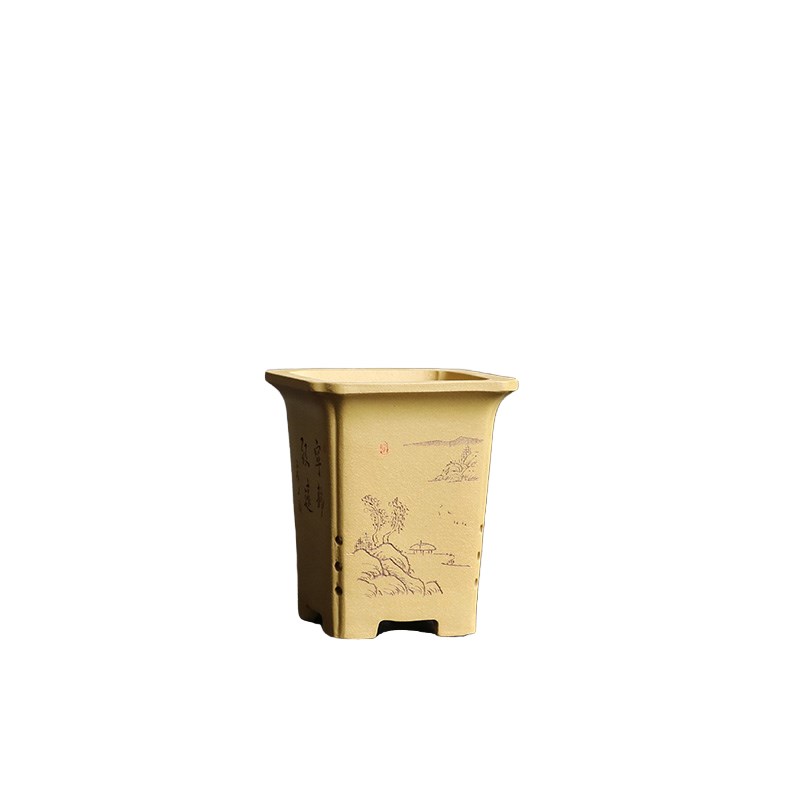 玲珑 案台清贡紫砂花盆手工刻绘绿泥降坡泥段泥四方签筒小圆盆