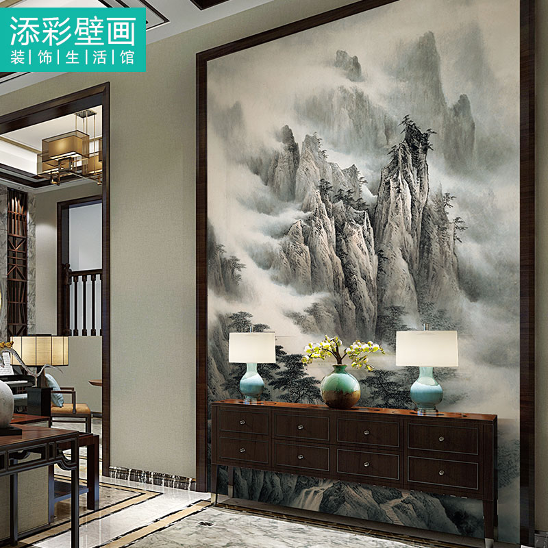 大型挑空客厅沙发背景墙山水壁布定制玄关竖幅入户迎门墙壁纸画