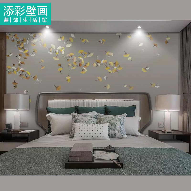 轻奢手绘银杏叶壁纸布客厅沙发背景墙布卧室床头壁布电视墙纸定做