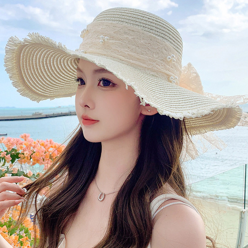 新款甜美大蝴蝶结遮阳草帽女 时尚气质大帽檐太阳帽户外防晒帽子