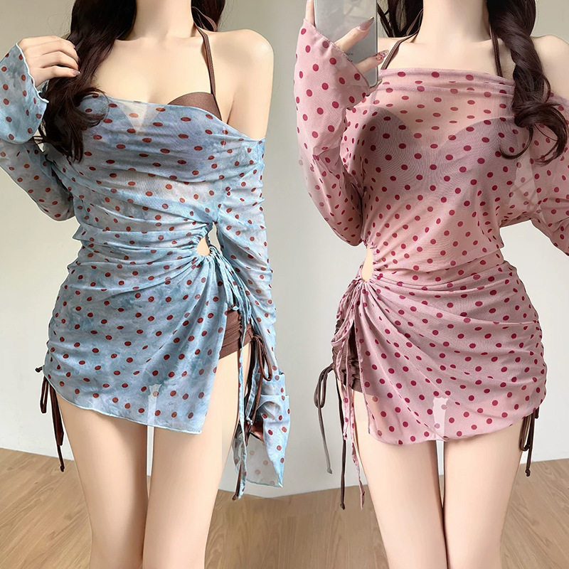 泳衣女款分体三件套长袖波点比基尼钢托性感修身遮肉温泉泳衣