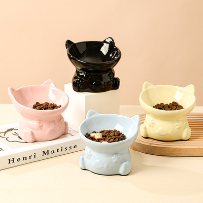 陶瓷猫食盆狗狗碗水碗猫咪可爱小鱼用品保护颈椎双碗宠物碗