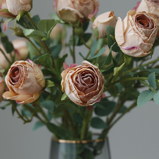 5头焦边玫瑰复古仿真花绢花装饰假花仿干花家居软装枯萎干枯婚庆