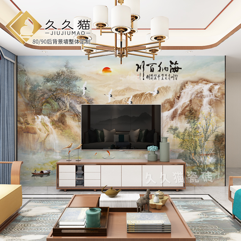 欧式石纹岩板背景墙客厅大理石纹山水画8D简欧瓷砖影视墙别墅大气