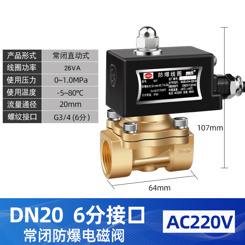 防爆电磁阀 常闭 瓦斯阀 瓦斯阀电磁控制阀4分220V24VDN15 2025