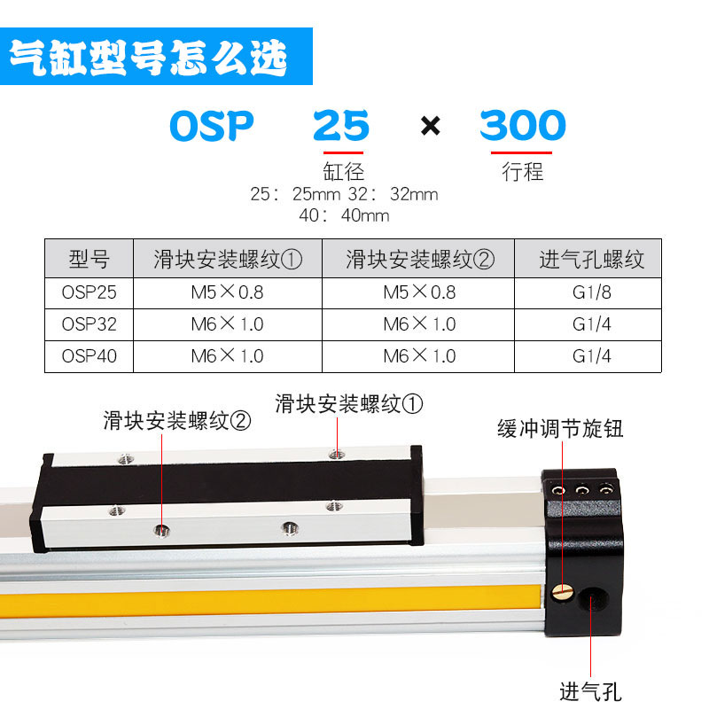 机械式高速无杆气缸导轨长行程OSP-P/25/32/40-100/200/300-1000