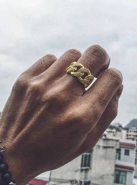 高端Hiphop钛钢微镶锆石水钻链条戒指嘻哈指环夜店潮男戒子饰品