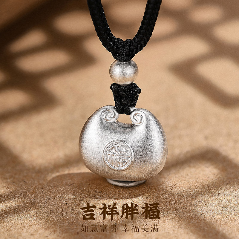 足银实心胖福吊坠编绳项链胖