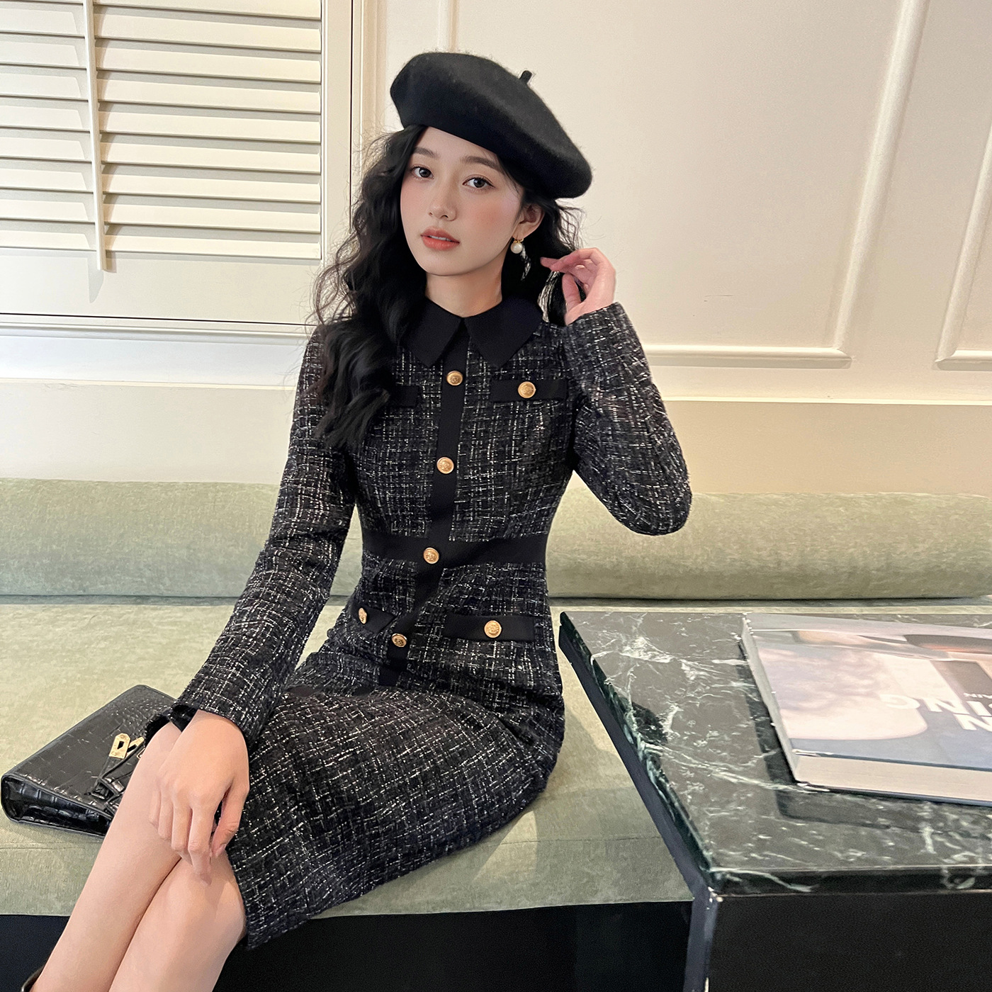 法式赫本风黑色粗花呢连衣裙