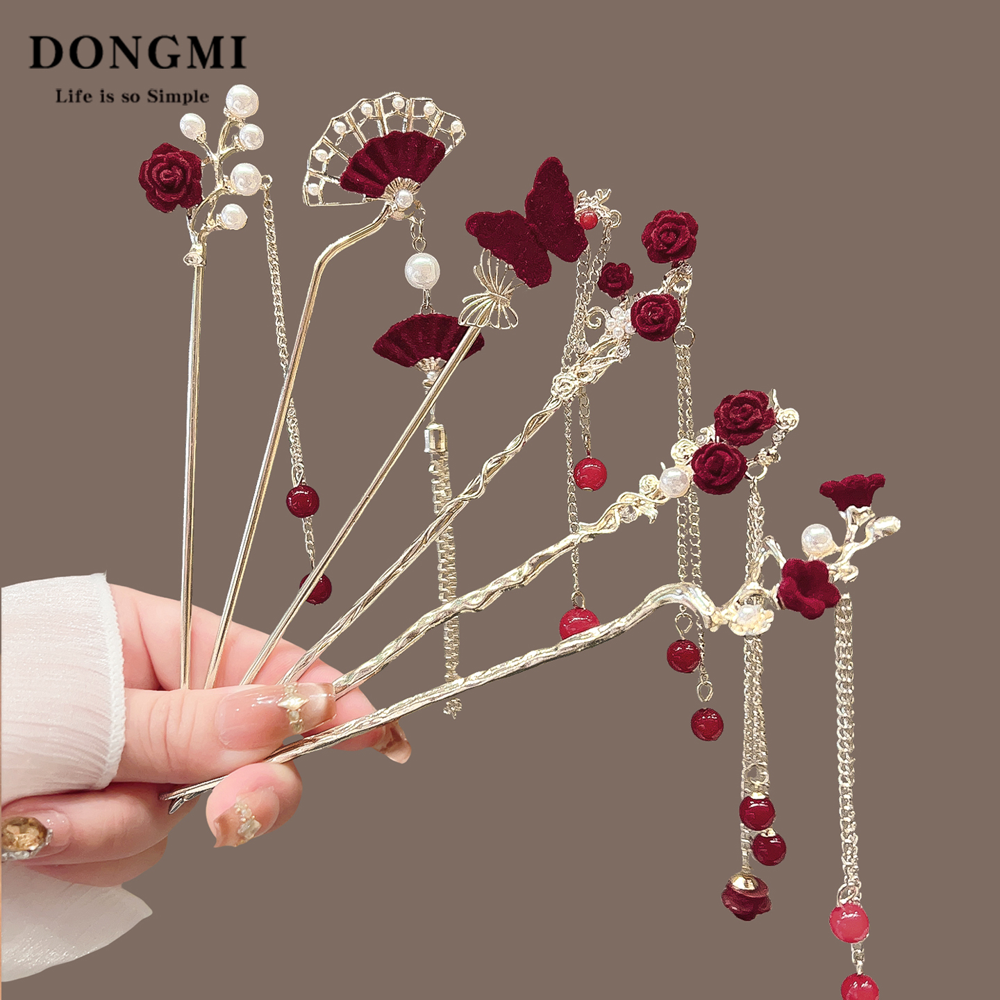 秋冬新款红色玫瑰花流苏发簪