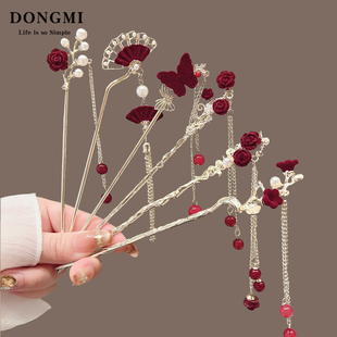 红色新年2026新款高端中式古风发簪汉服盘发簪子花朵流苏发钗发饰