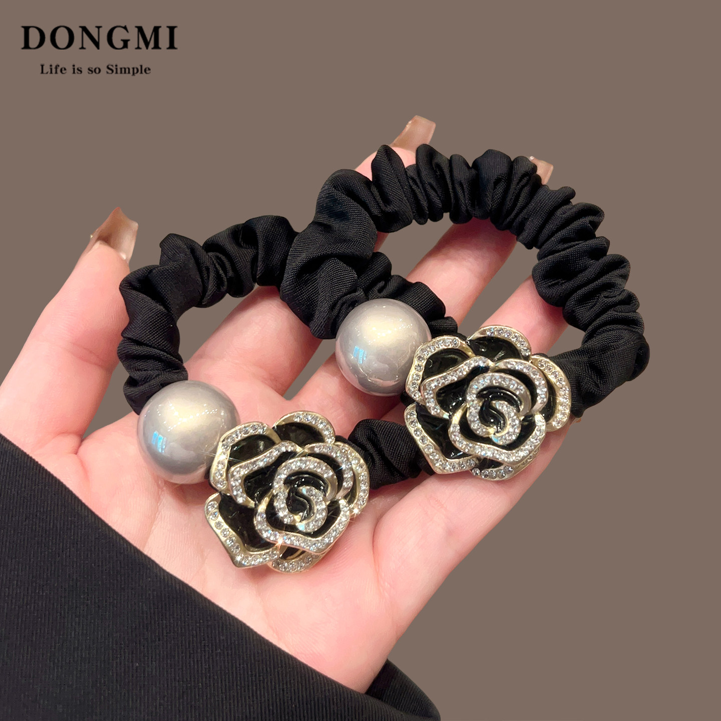 精致水钻山茶花珍珠发圈高级感气质头绳高弹力皮筋女扎头马尾发饰