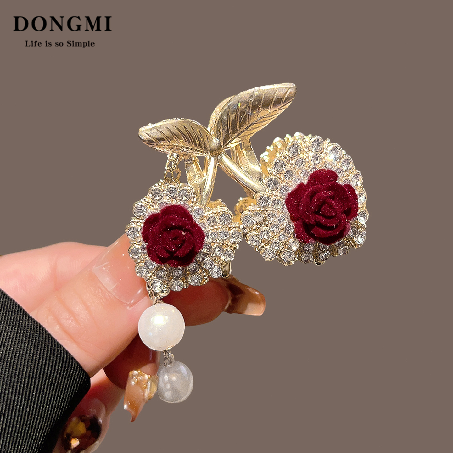 红色新年玫瑰花珍珠抓夹