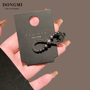 气质黑色精致珍珠蝴蝶结发夹女高级感侧边刘海夹简约鸭嘴夹子头饰