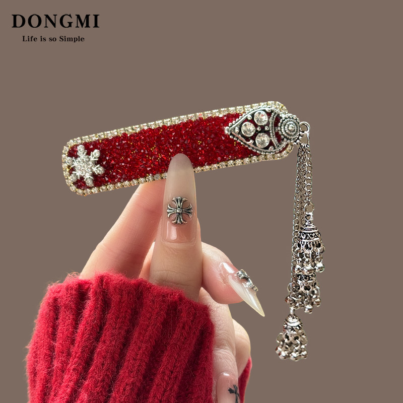 红色新年~黑曜石闪钻铃铛流苏发夹女高级感喜庆民族风刘海侧边夹