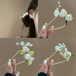 高级感玉兰花苞U型发簪新中式金属簪子温柔气质古风头饰汉服发钗