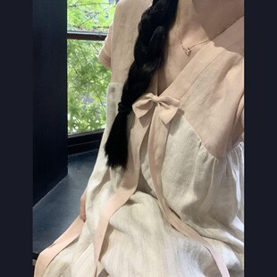 2025新款新中式粉色v领连衣裙子国风女装夏季慵懒风宽松休闲长裙