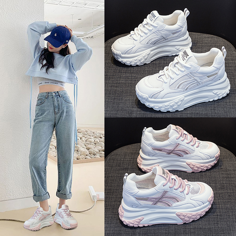 夏季老爹鞋女网面透气厚底松糕跟休闲运动小白鞋配裙子的鞋子网鞋
