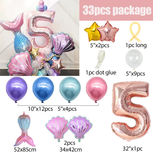 极速33Pcs/set Mermaid Party Number Balloons Rose Gold 0-9