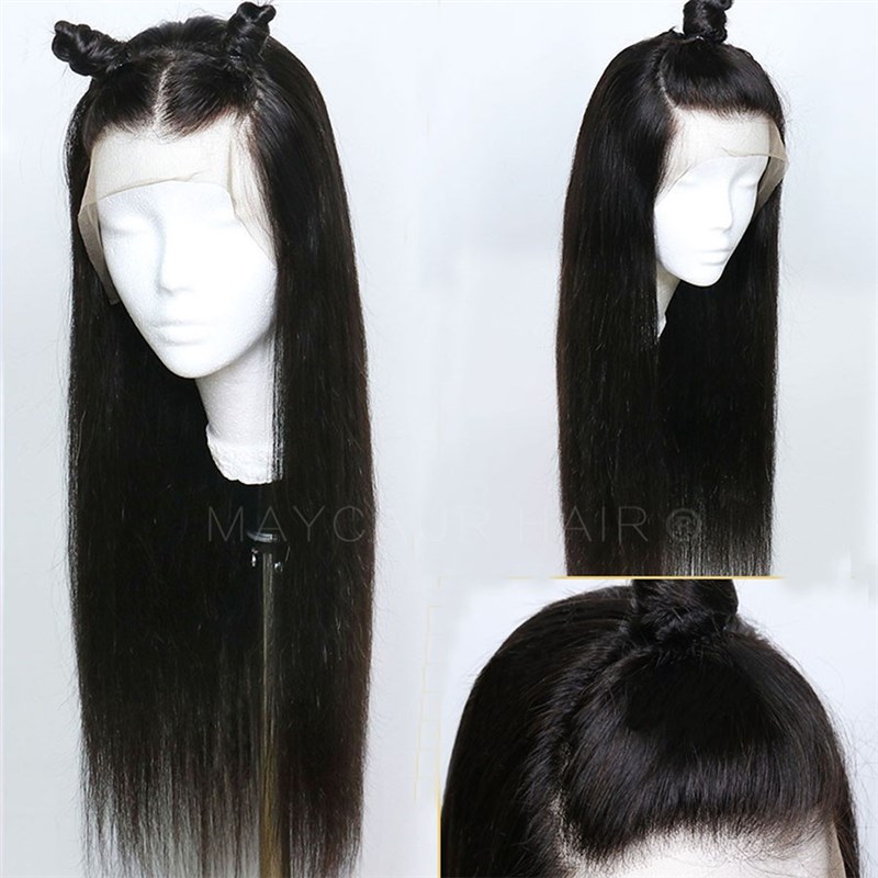 Maycaur Black Long Straight Synthetic Lace Front Wigs For B