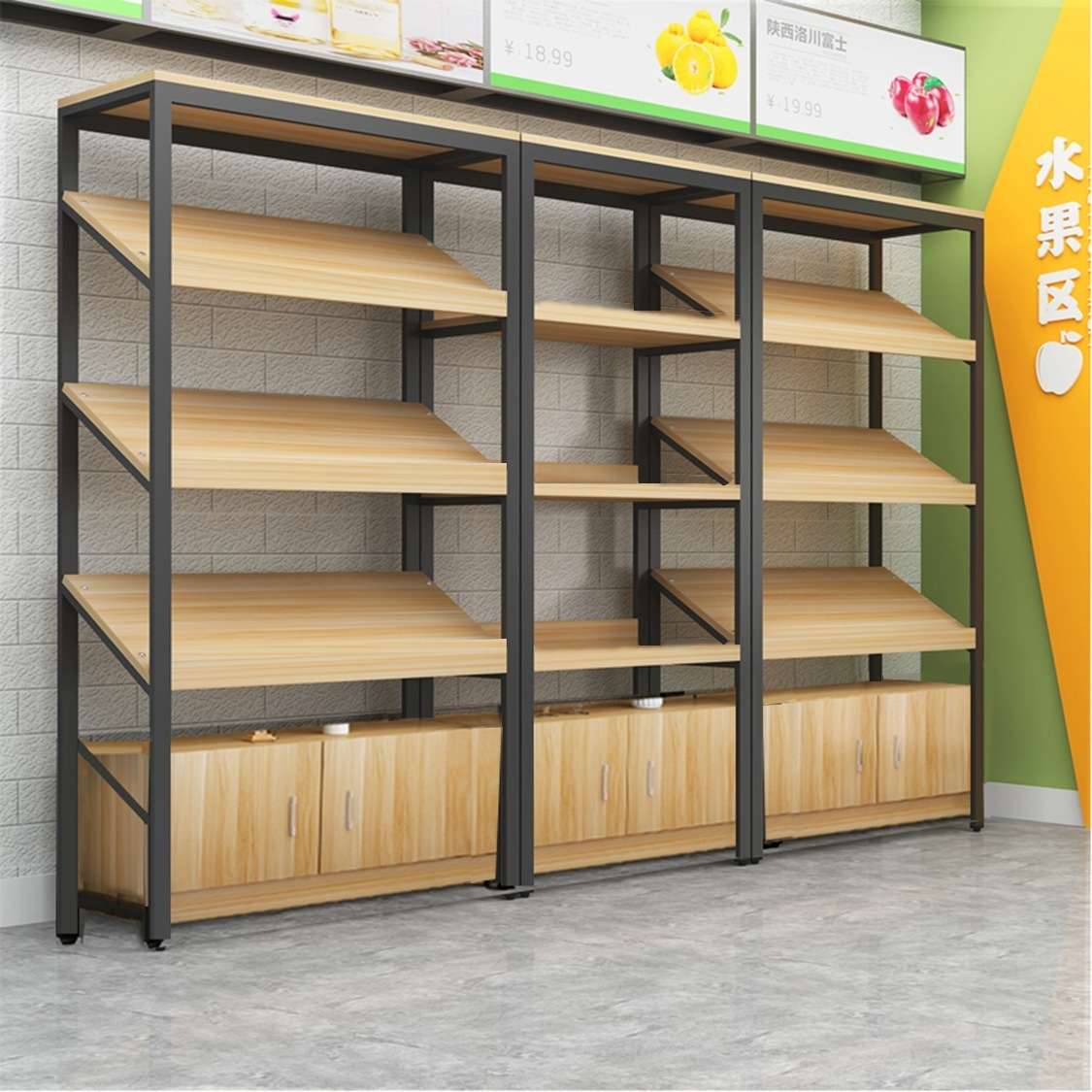 超市斜面货架展示架水果店蔬菜多层置物架红酒饮料产品展示柜货架
