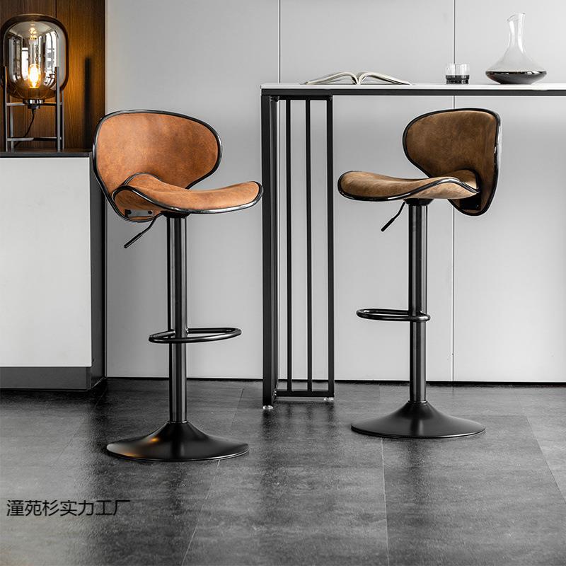 美式轻奢吧台椅现代简约家用马鞍皮吧椅旋转升降高脚凳前台酒吧凳