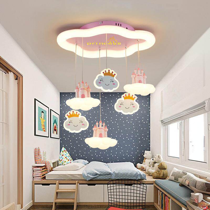 儿童房吊灯女童公主房灯创意卡通粉色少女心城堡笑脸灯女孩卧室灯