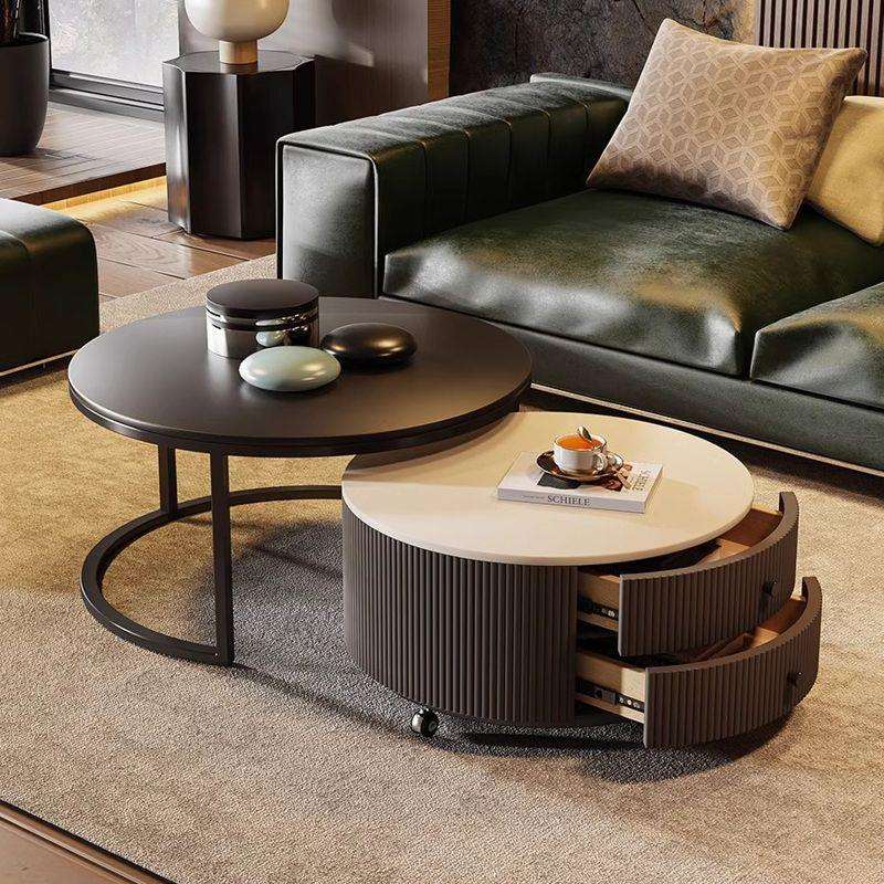 岩板圆形茶几客厅2025新款家用轻奢现代简约大小户型黑色意式极简