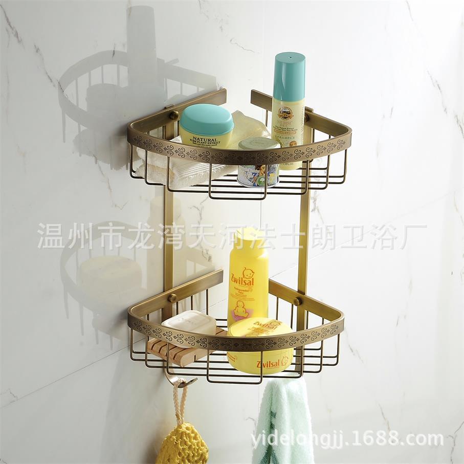厂家直销铜双层仿古网蓝浴室转角全铜三角篮雕花置物架浴室挂件