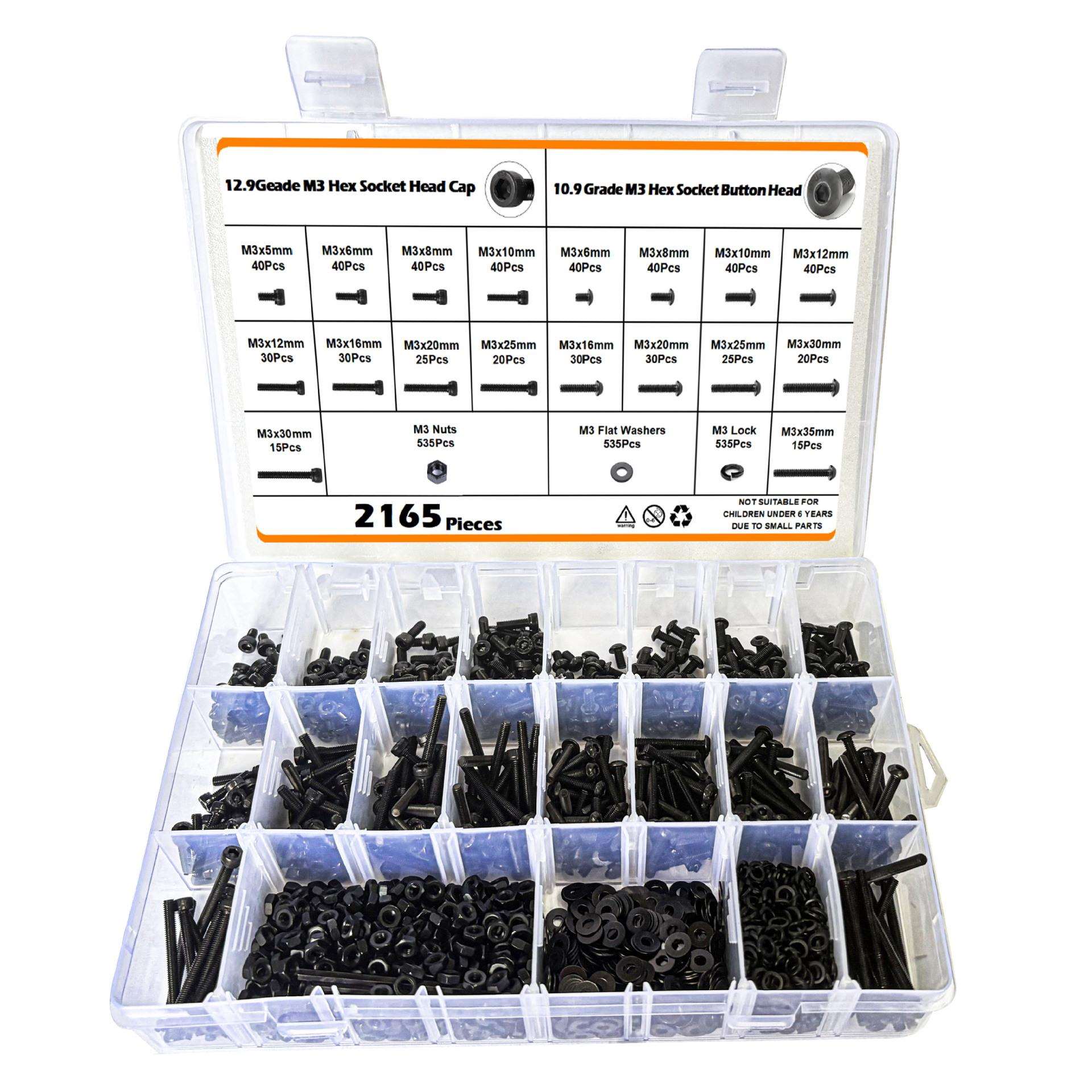 2165pcs内六角圆柱/盘头螺钉螺母平弹垫组合套装M3内六角螺丝盒装
