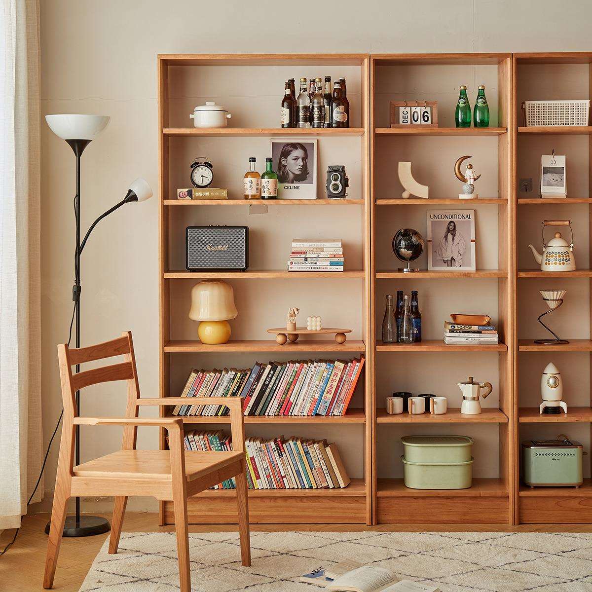 梦源樱桃木满墙书柜组合一整面墙橡木办公大书架原木风实木书橱