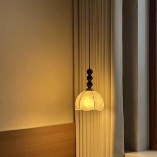 美式布艺花纹卧室床头小吊灯法式复古中古风实木过道创意吊线灯饰