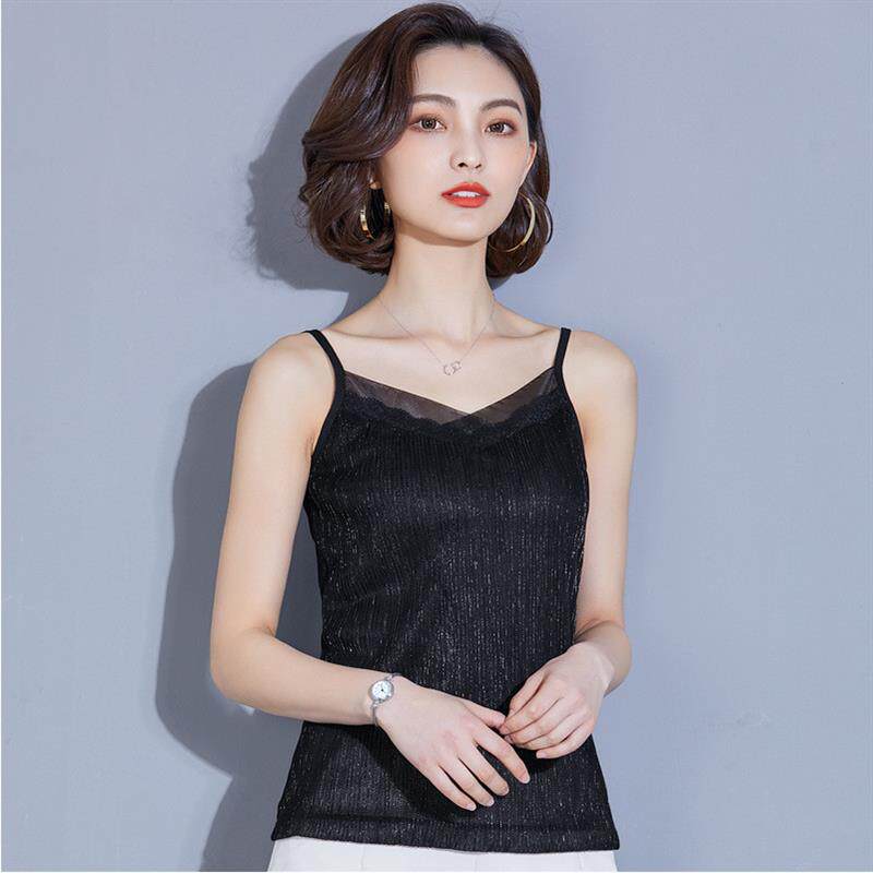 2025夏装新款背心吊带女性感亮丝网纱内搭上衣短款打底V领小衫潮