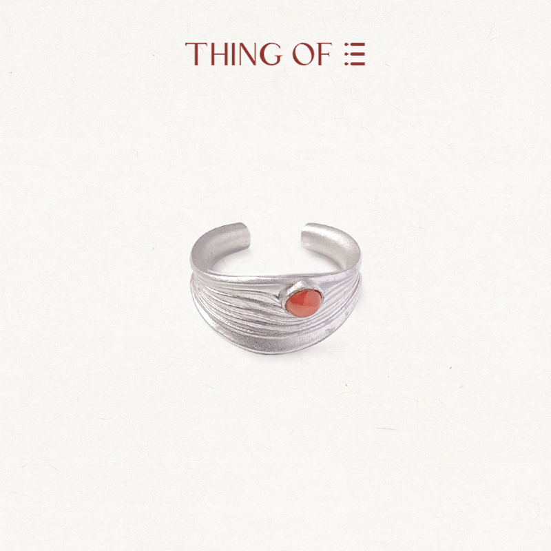 THING OF E【赤】系列 凹凸纹侧镶宝石开口戒指 可调节波纹时尚