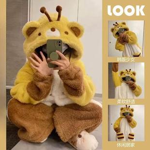 小蜂熊睡衣女加厚毛绒睡袍2024新款 冬天浴袍珊瑚绒睡裙家居服 秋季