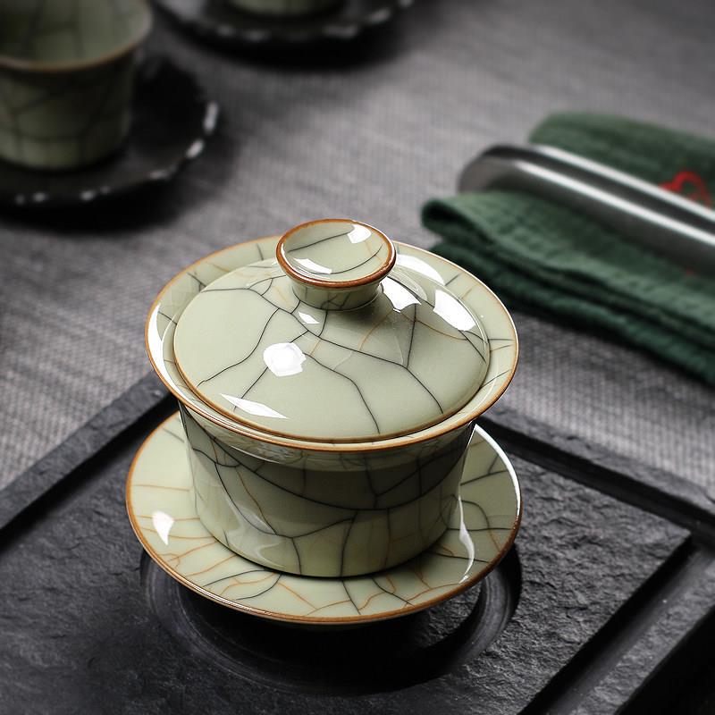 青瓷三才盖碗茶杯家用单个陶瓷传世哥窑金丝铁线功夫茶具泡茶大号