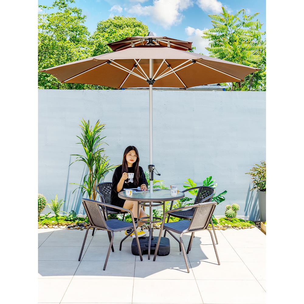 户外藤编桌椅彷藤椅庭院铁艺咖啡奶茶店桌椅伞组五件套餐休闲露天