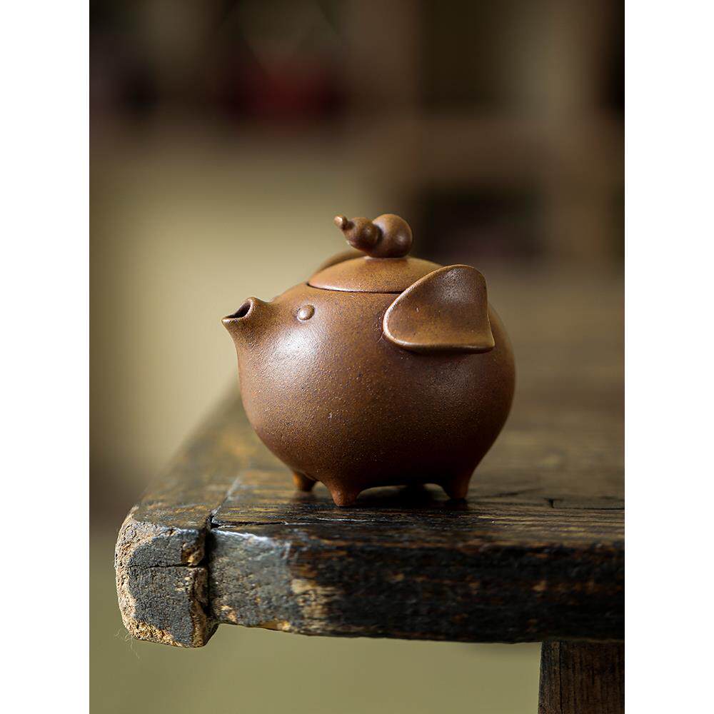 老岩泥福禄小飞猪茶壶家用创意陶瓷泡茶器中式功夫茶具粗陶手抓壶
