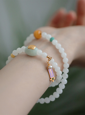 S925银五条经文贴片翡翠蜜蜡白玉弹力绳手串 S08693