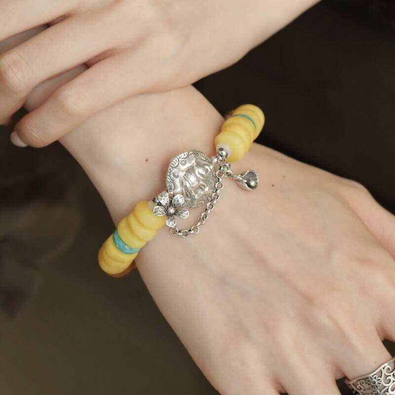 蜜蜡松石大象尼泊尔手工珠景泰蓝花纹珠S925银弹手串 S12200