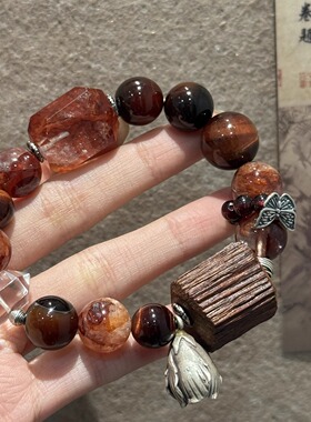 S925银切面红胶花降真香圆珠红虎眼石梦幻玛瑙弹力手串女 S09721