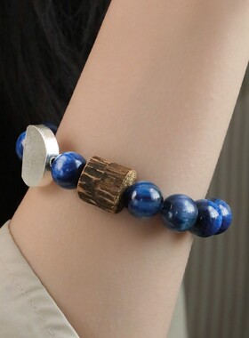 S925银蓝晶石白水晶沉香桶珠弹力手串 S10506