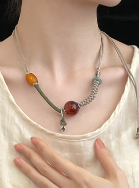 S925银茶珀圆珠玛瑙桶珠翡翠兰水圈抽绳项链 N16911
