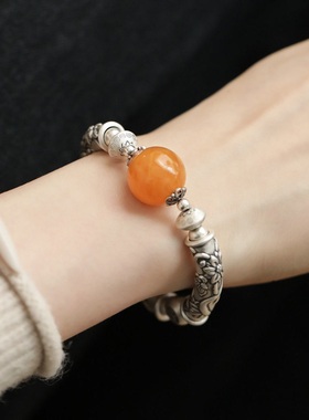 足银999蜜蜡平安福字三角珠圈纹飞碟珠蝴蝶莲花弯管手串 S12878