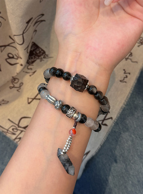 S925银泼墨山水曜石黑发晶黑檀木飘花南红手串 S08630